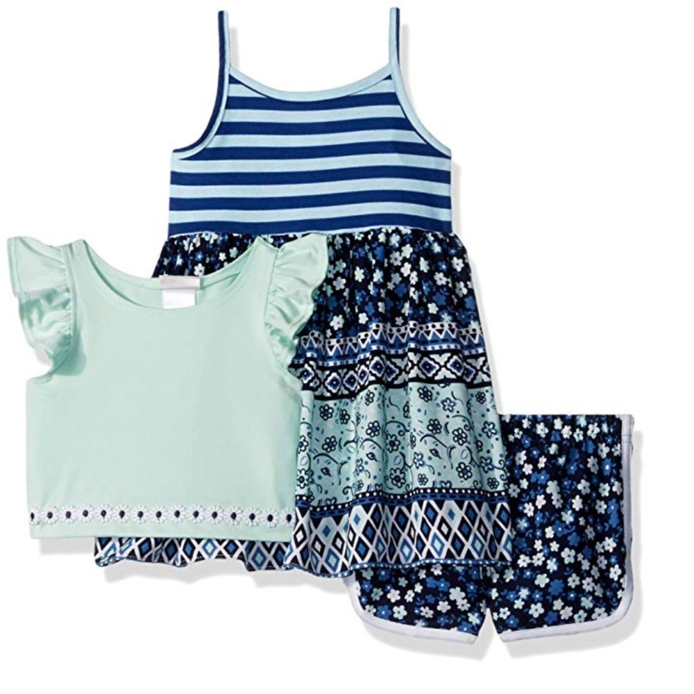 Printed Sleeveless Dress, Popover Top & Shorts Set